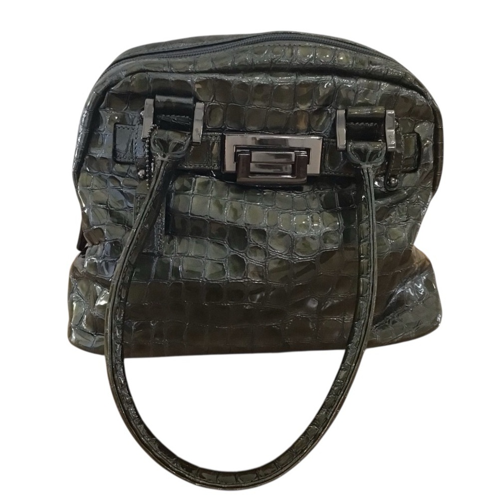 DANIER satchel leather green croco pattern patine shoulder metal feet midsize